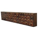 Exceptional Victorian bank of sixty Apothecary drawers with original labels and turned knobs, H 62cm