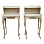 Pair of painted French bedside tables with raised backs and single drawers, H 75cm x W 40cm x D