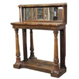 Regency rosewood console table with mirrored back and turned column supports, H 125cm x W 102cm x