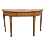 Sheraton style satinwood and inlaid demi lune side table, raised on square tapered supports and