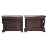 Pair of Regency flame mahogany console tables with brass string inlay and scrolled supports, H