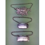 Silver bottle labels for 'Sherry', 'Whiskey' and for 'Port'