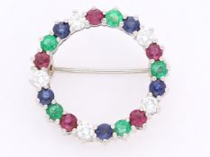 Brosche/Nadel: feine vintage Goldschmiedearbeit aus 18K Weißgold mit Brillanten und Farbsteinen