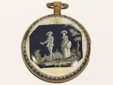 Taschenuhr: frühe Spindeluhr mit seltener "en grisaille" Emaille-Lupenmalerei, ca. 1780
