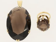 Ring/Anhänger: schönes und hochwertiges vintage Schmuckset mit Rauchquarzen besetzt, Handarbeit