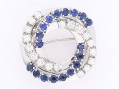 Brosche/Nadel: vintage Saphir/Brillant-Goldschmiedearbeit, ca. 1,9ct, massive Handarbeit aus 18K Wei