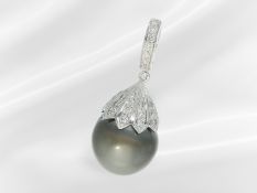 Anhänger: vintage Brillant-Anhänger mit hochwertiger Tahiti-Zuchtperle, 18K Weißgold