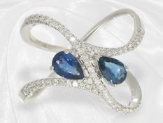 Ring:Ring: interessanter moderner Designer-Goldschmiedering mit Saphir-und Brillantbesatz, ungetrage