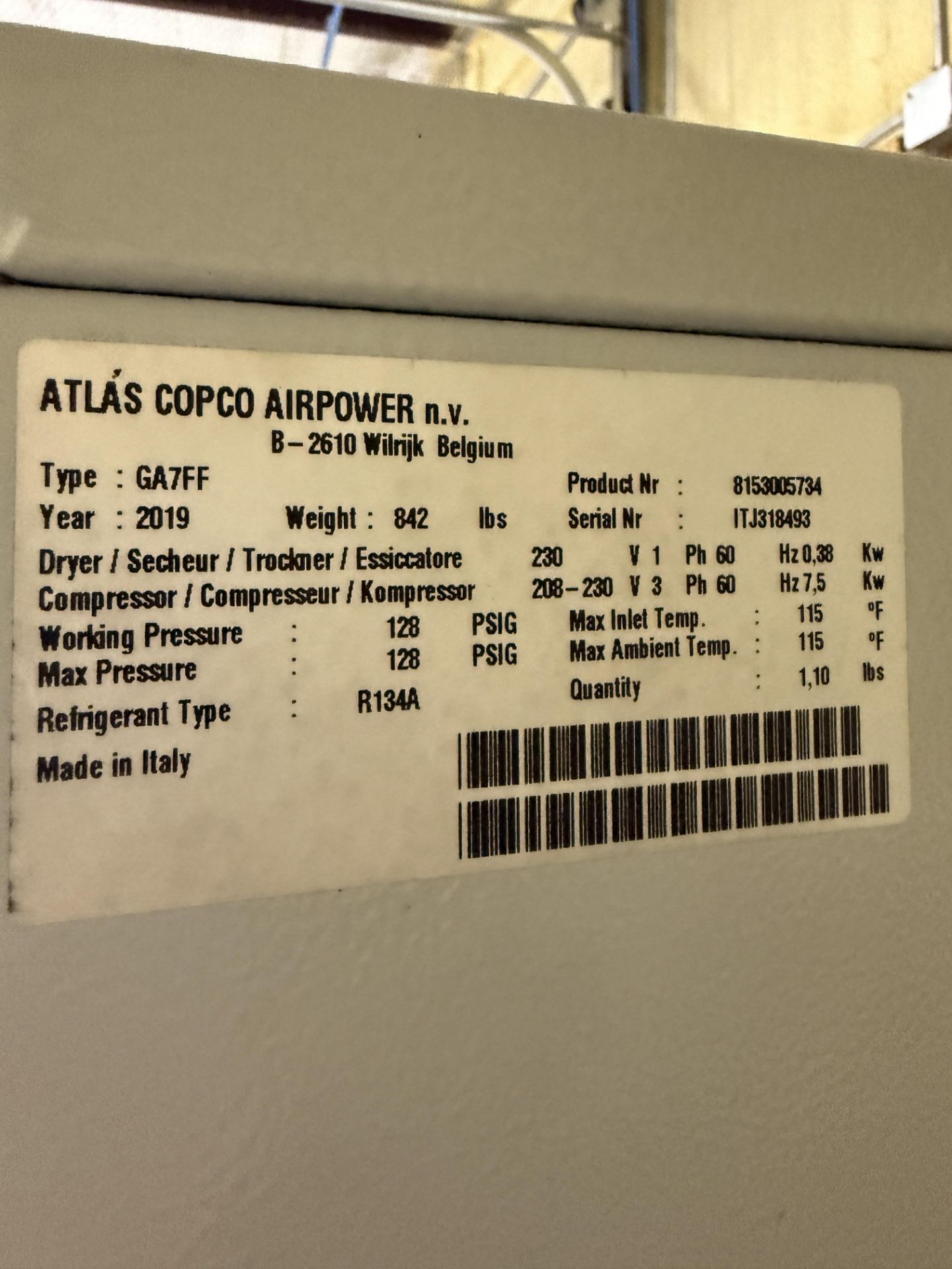 2019 Atlas Copco GA7FF Workplace Air System - Image 8 of 8