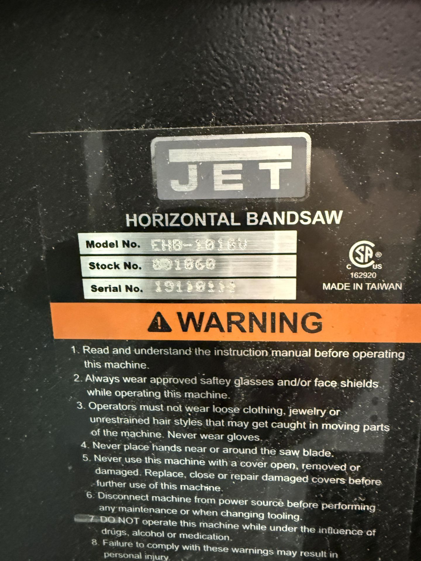 Jet Elite Horizontal Band Saw Model EHB-1018V - Image 11 of 11