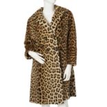 A knee-length leopard fur coat.