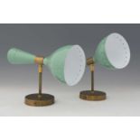 A pair of enamelled metal wall lights in the manner of Stilnovo, wasited form, enamelled mint