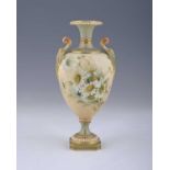 Royal Worcester, a daisy painted blush ivory vase, circa 1895, twin handled pedestal urn form,