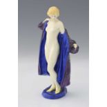 Leslie Harradine for Royal Doulton, The Bather, HN687, an Art Deco figure of a nude woman, in blue