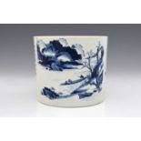 A Chinese blue and white cylinder vase or brush pot, six-character blue Kangxi mark, painted with