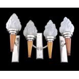 A suite of three Art Deco wall lights, 1930's, orange phenolic and chrome, comprising a double