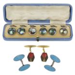 A pair of Charles Horner silver enamel cufflinks, further cufflinks and button set