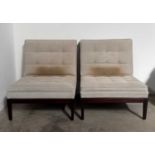 A pair of George Smith low lounge chairs, button back, upholstered in oatmeal grey suede leather,