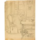 Diego Giacometti; Annetta Giacometti am Tisch in der Stube im Haus in Maloja