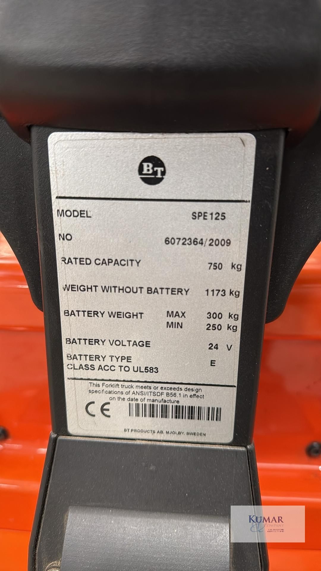 BT Model SPE125, Pedestrian Battery Operated Fork Lift Truck, Rated Capacity 750Kg, Serial No. - Image 12 of 17