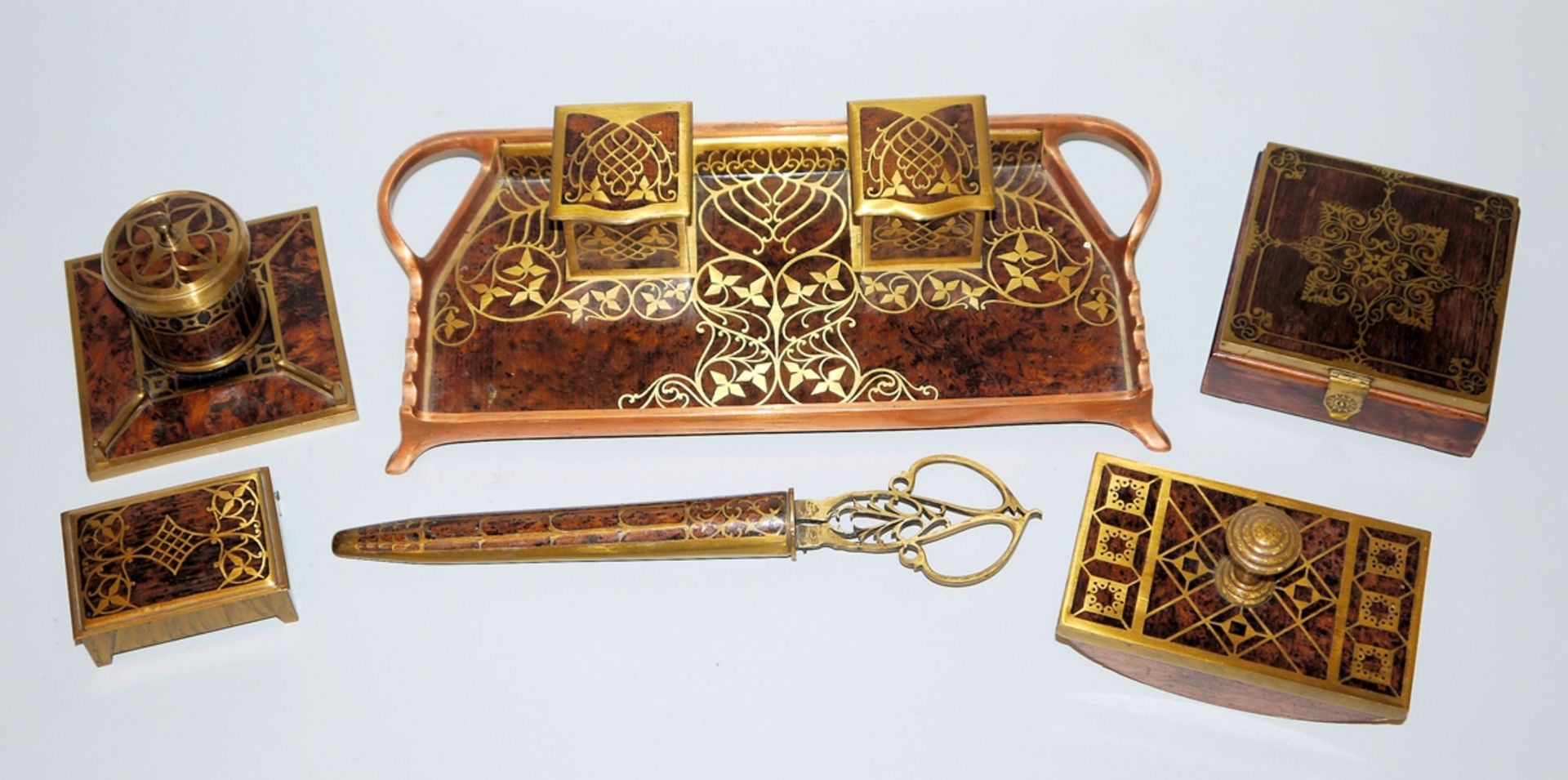 6-teilige Schreibtisch-Garnitur des Jugendstils von Erhardt & Söhne, Schwäbisch Gmünd um 1910