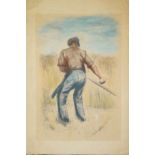 Erich Fraaß und Wilhelm Laage, Bauer bei der Feldarbeit, Lithographie mit Pastell und zwei Holzschn