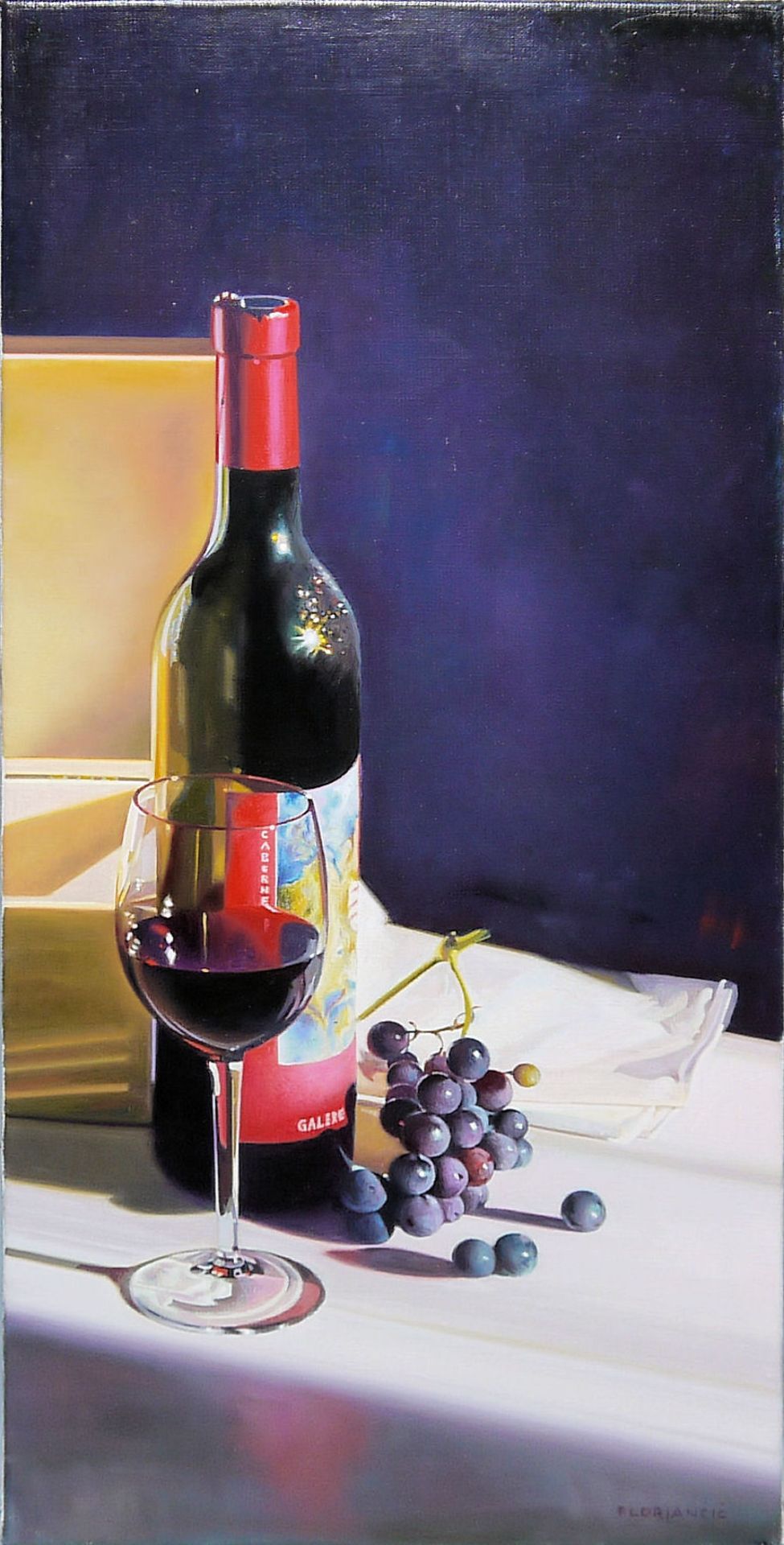 Pavel Florjančič, fotorealistisches Stillleben mit Weinflasche, Weinglas & Trauben, Ölgemälde galer - Bild 3 aus 4