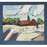 Klaus Fußmann, Landschaft mit roten Dächern, signierter Farblinolschnitt von 2000