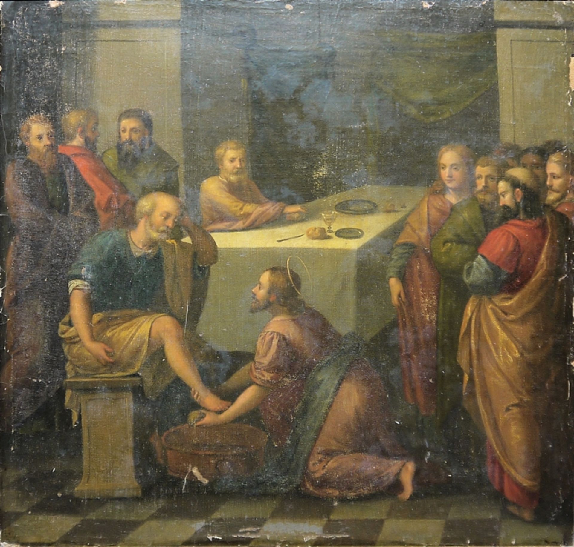 Anonym um 1780/1800, Fußwaschung während des letzten Abendmahls, Ölgemälde, ungereinigter Speicherf
