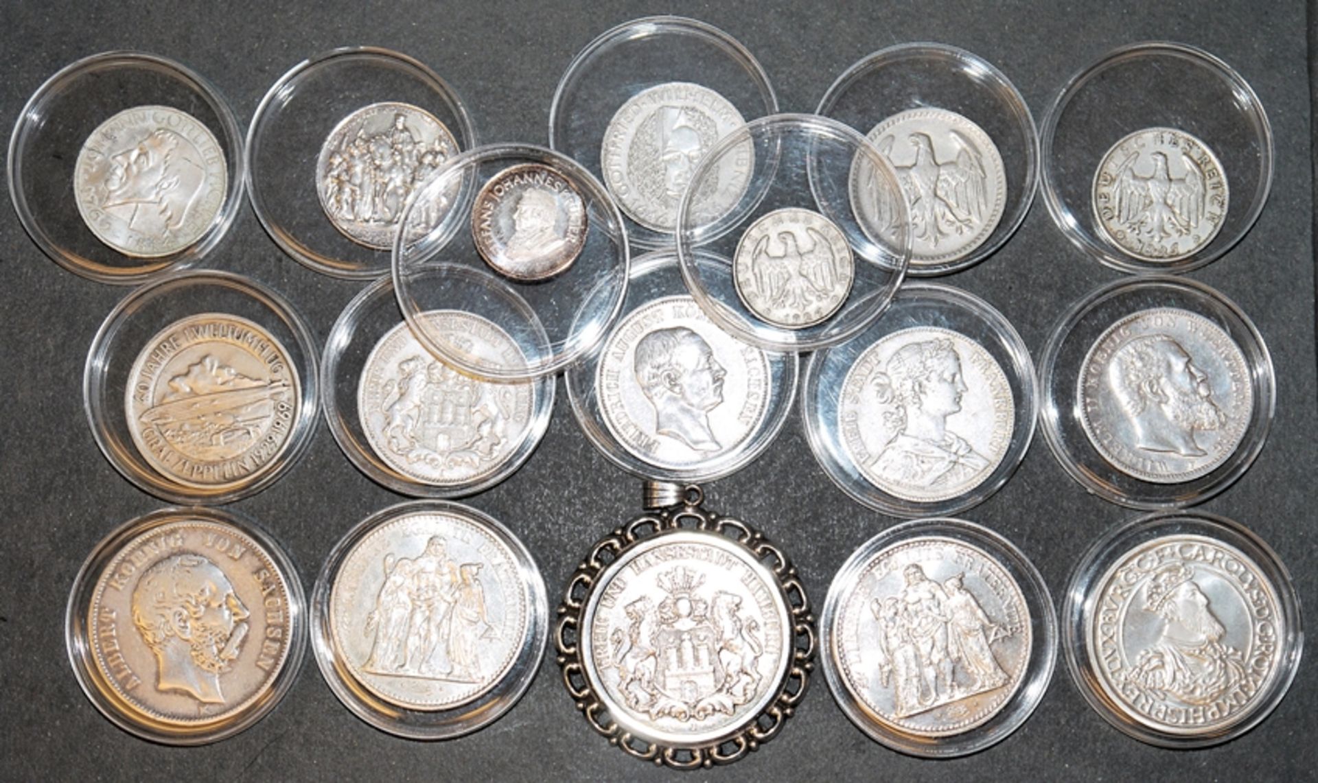 Münzsammlung mit 17 Silbermünzen, Hamburg, Frankfurt, Sachsen usw.