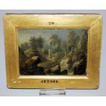 Jacques d’Arthois, Nächtliche Felsenlandschaft mit einem Mann an einem Grabmal, kleines Ölgemälde u