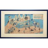 Kunisada, "Dachaufstockung der Zimmerleute von Kouchourou", Farbholzschnitt-Triptychon, Japan um 18