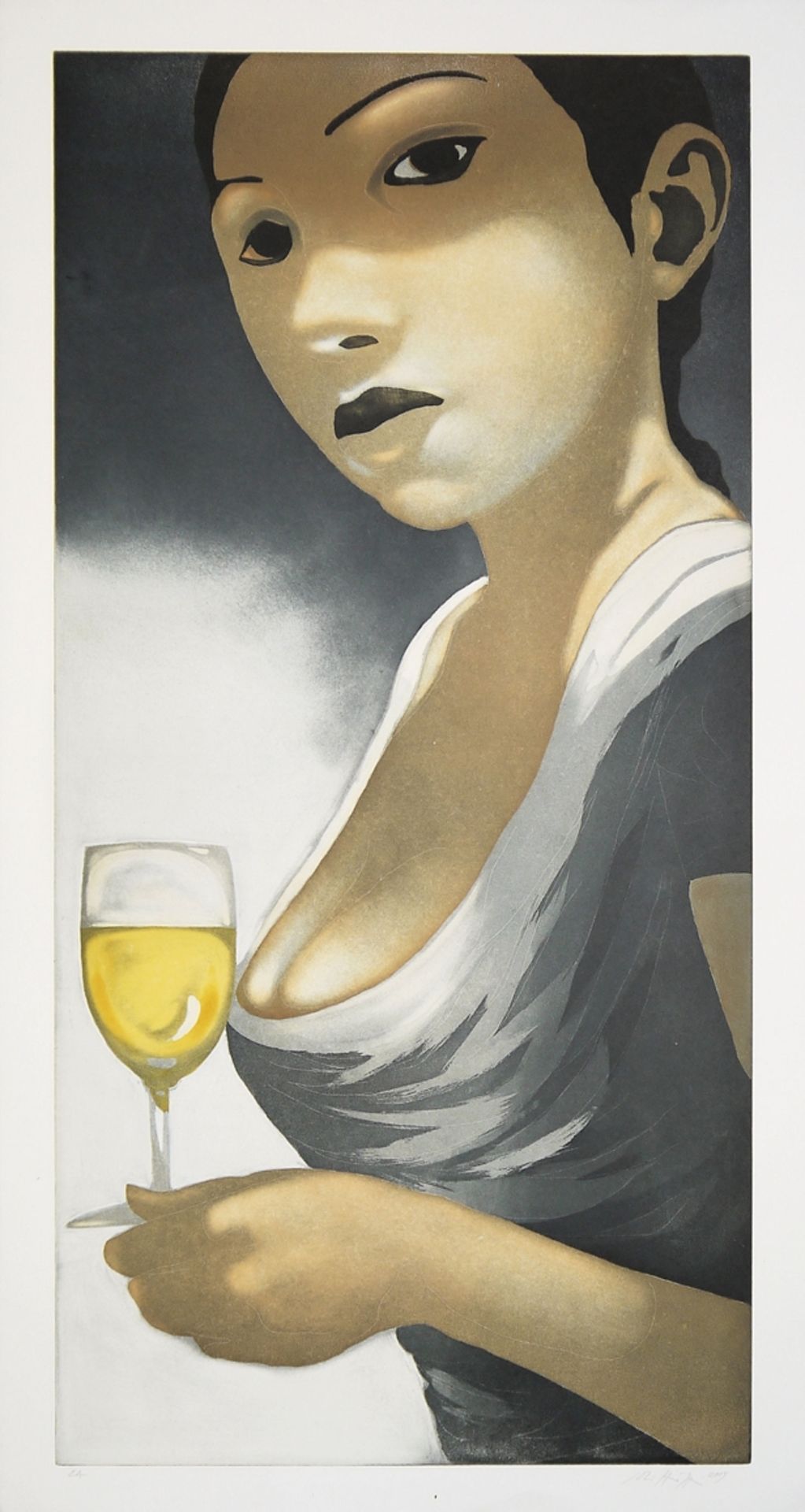 Johannes Hüppi, Kellnerin mit Weißweinglas, große signierte Farbaquatinta-Radierung von 2005