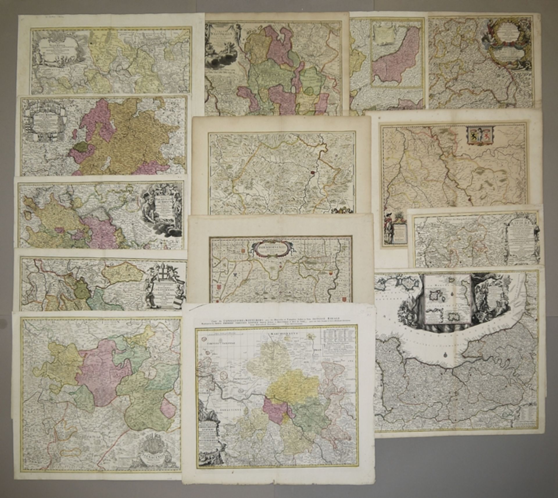 Sammlungsnachlass mit 14 kolorierten Kupferstich-Landkarten, 17./18. Jh., dabei 2 x Willem Janszoon