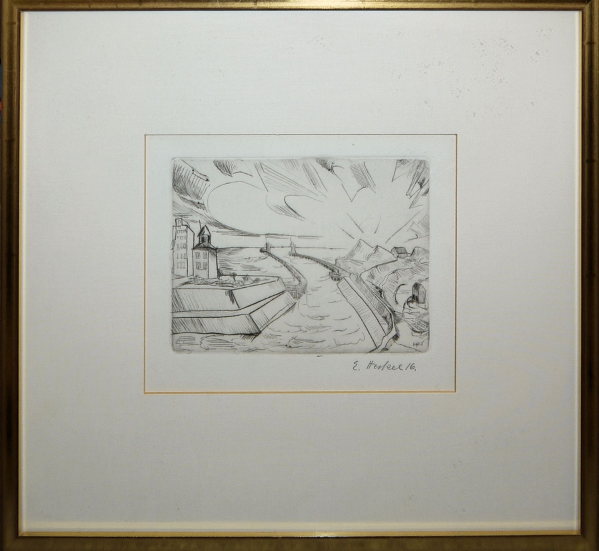 Erich Heckel, Hafeneinfahrt, signierte Radierung von 1916, gerahmt