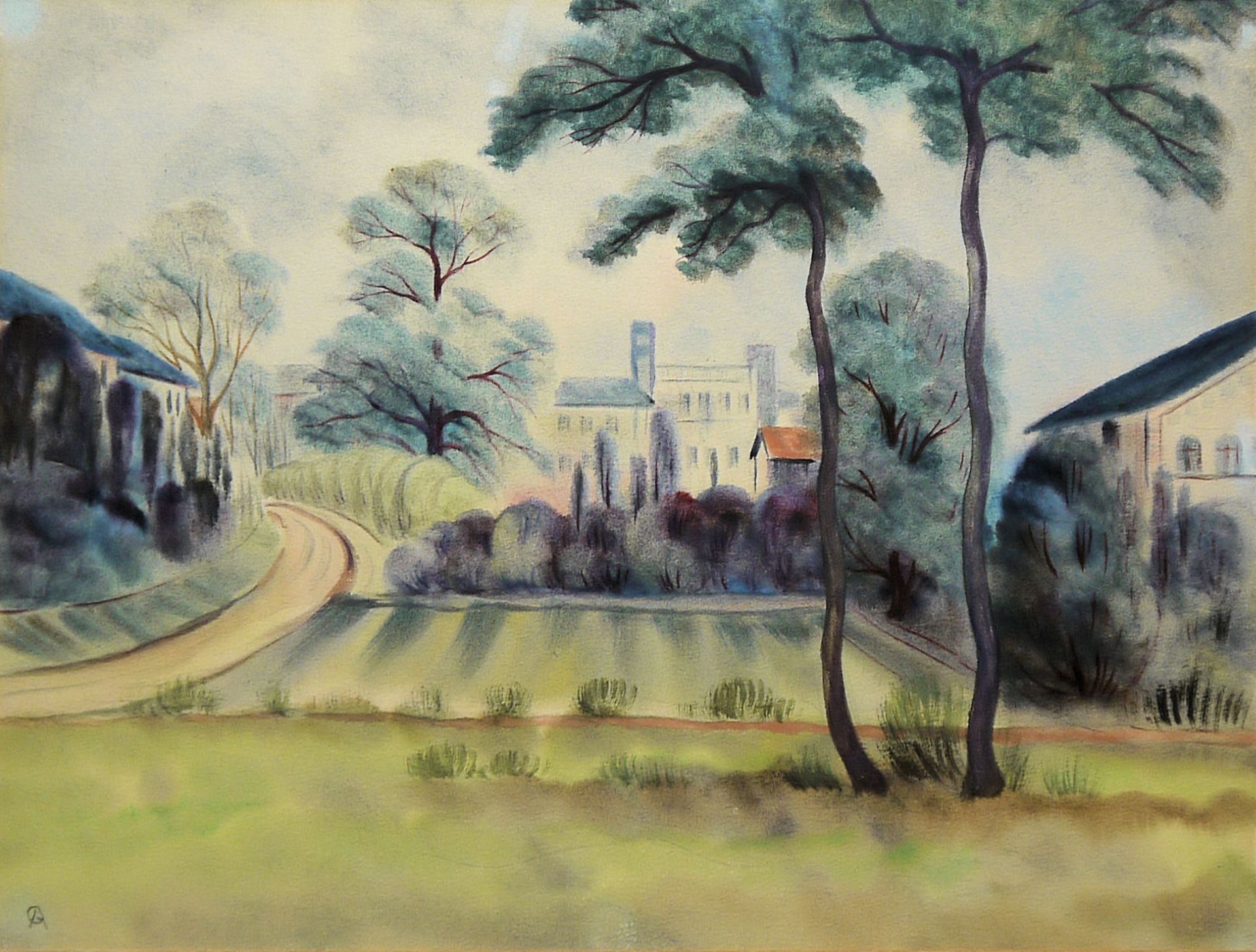 Christian Arnold, Landschaft mit Häusern, monogrammiertes Aquarell, gerahmt 