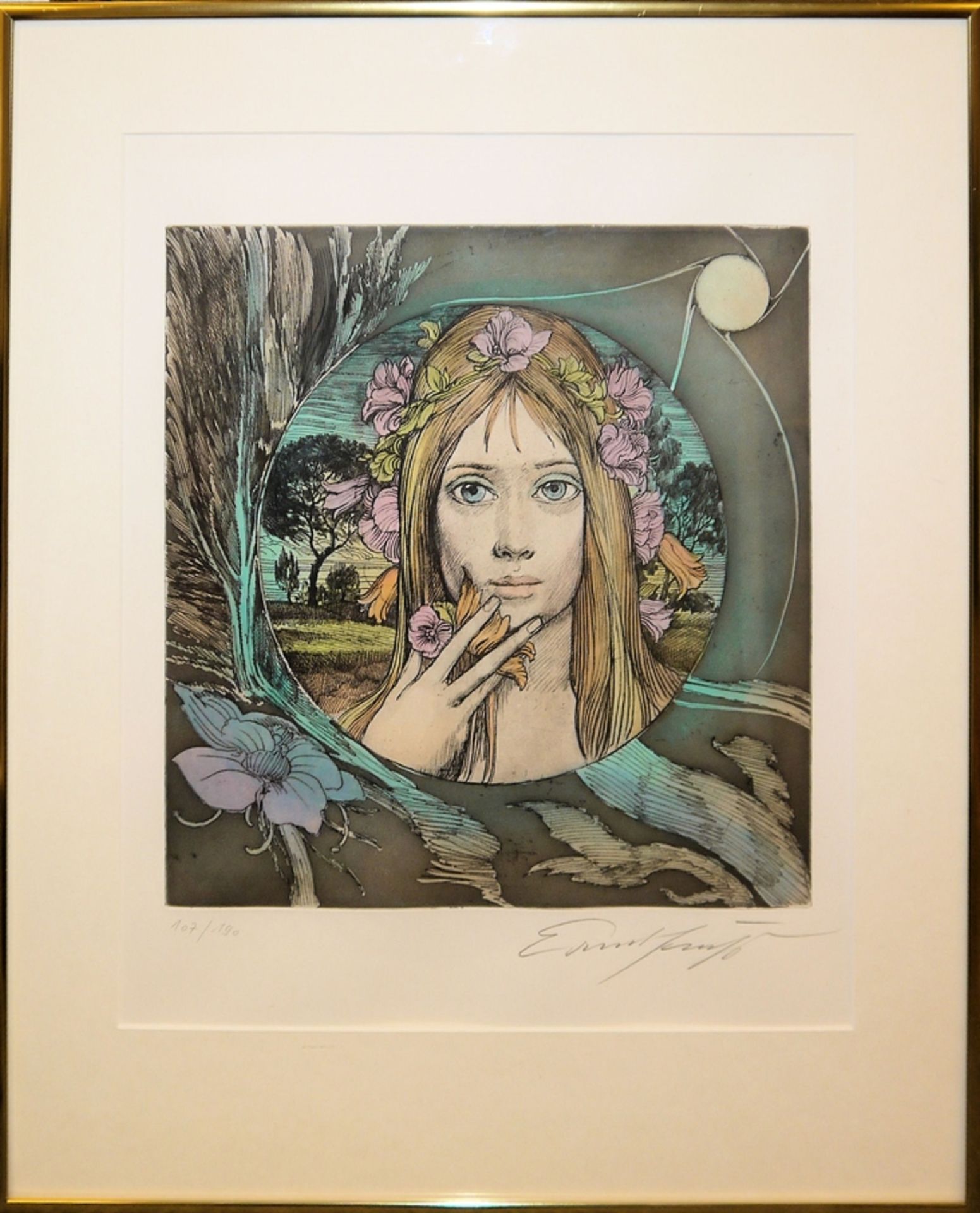 Ernst Fuchs, Blumenmädchen (Flora), signierte Farbradierung 
