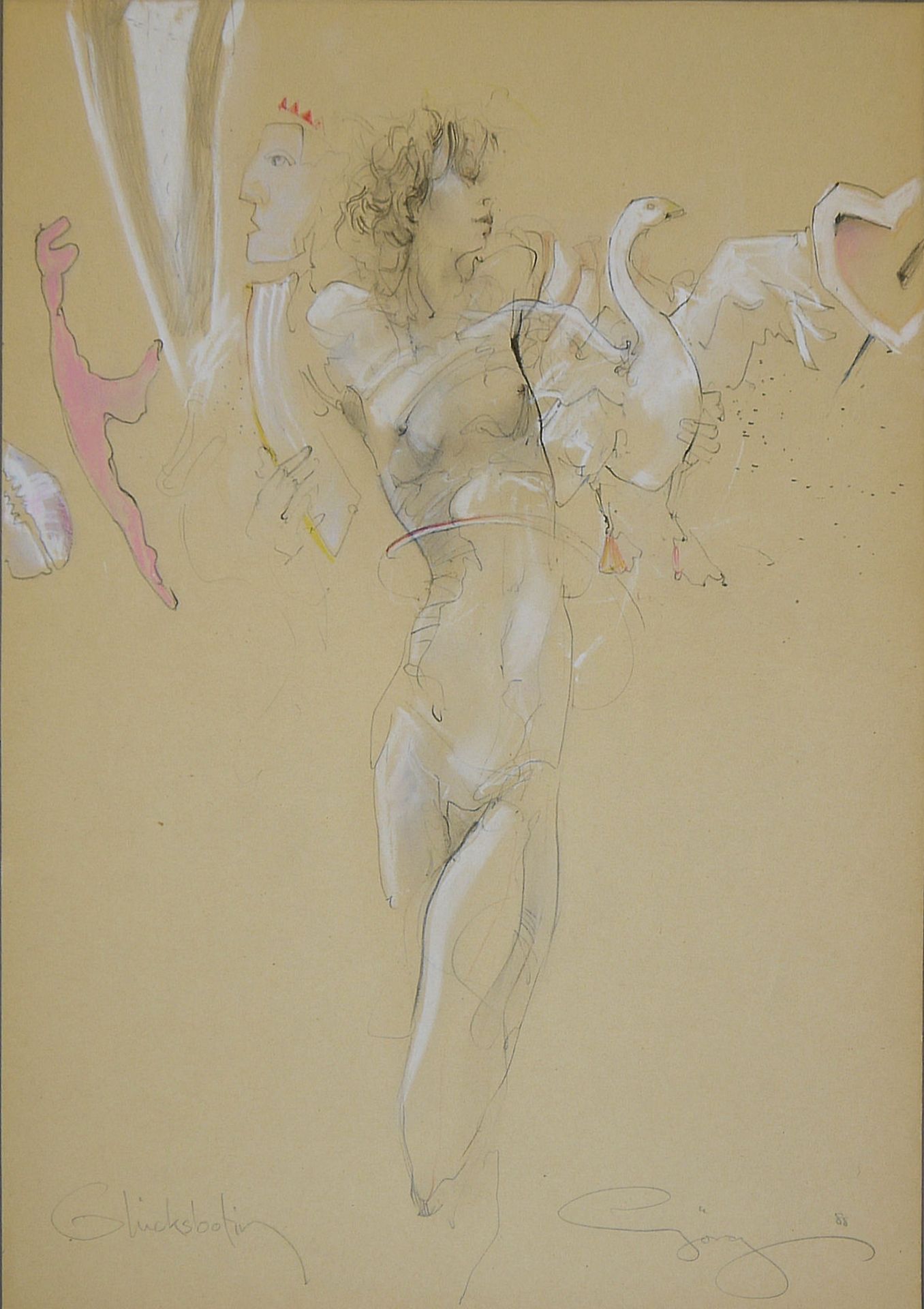 Jürgen Görg, "Glücksbotin", signierte Zeichnung/ Pastell von 1988