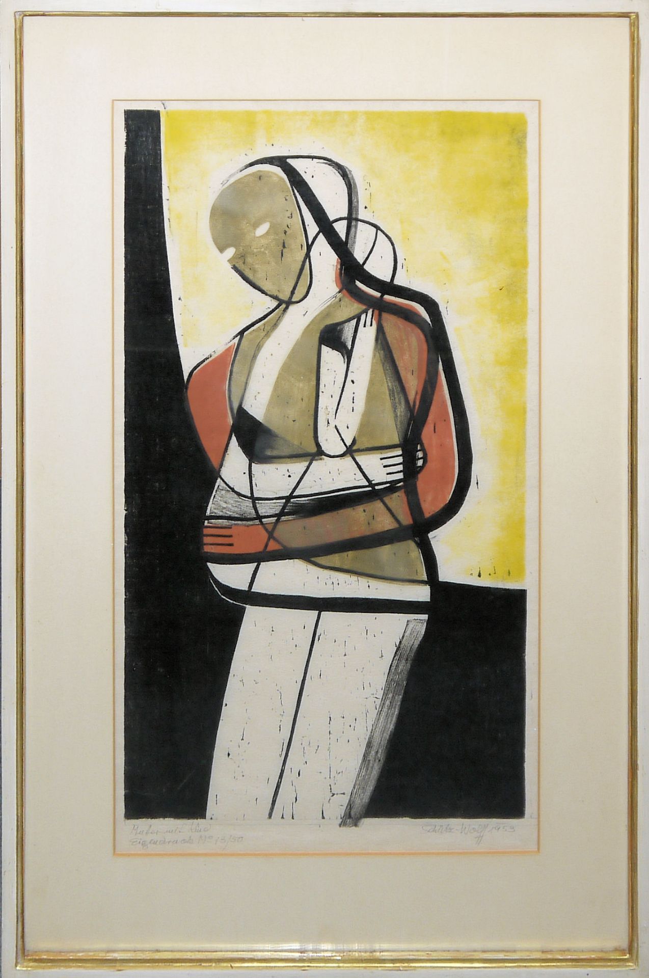 Johanna Schütz-Wolff, "Mutter und Kind", große sign. Farblithographie (Eigendruck) von 1953, origin