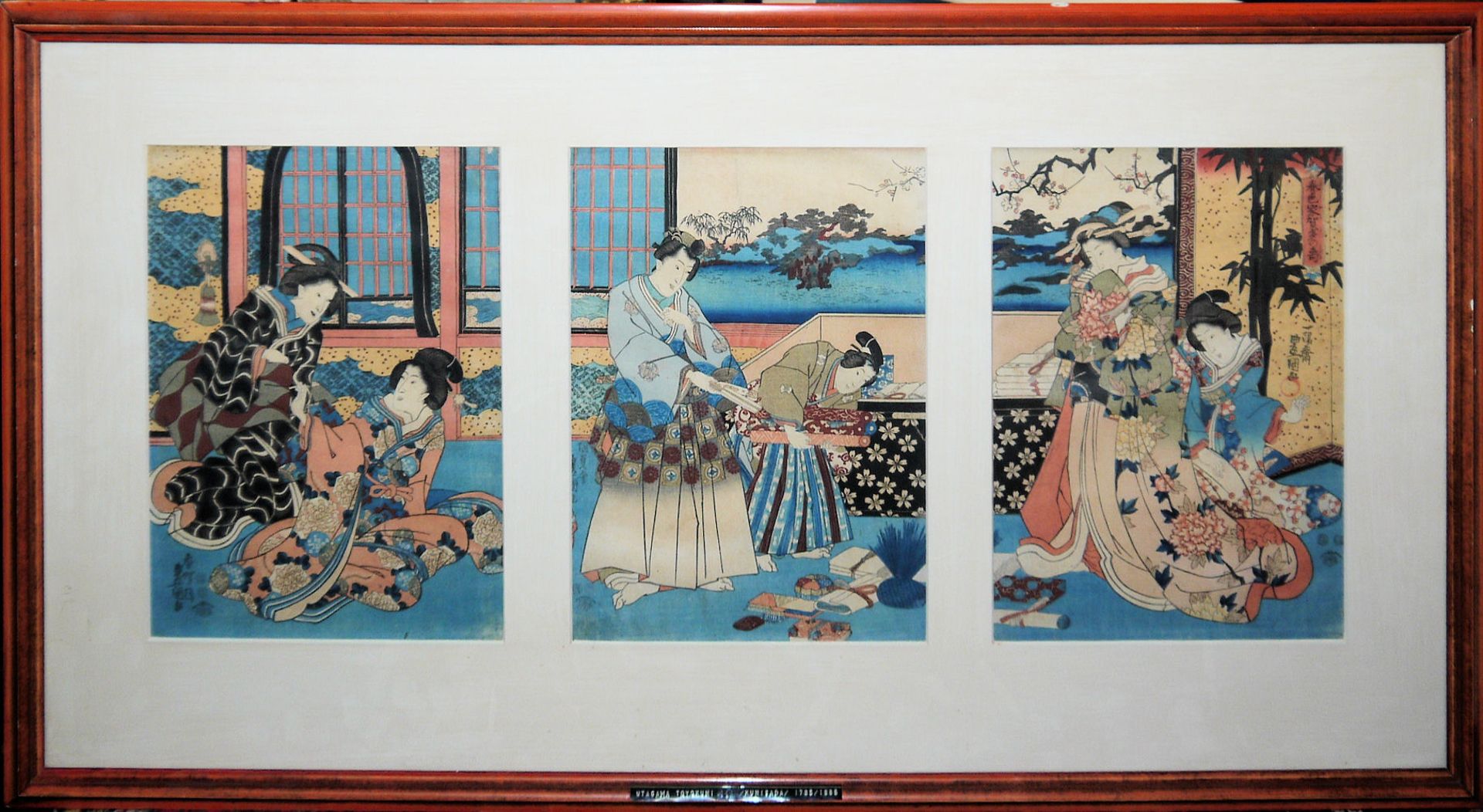 Kunisada, Geschenke für die Geisha, Farbholzschnitt-Triptychon, Japan um 1845/50