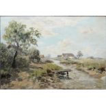 Eduard II Schleich, Flusslandschaft mit Bauernhäuser, impressionistisches Ölgemälde, München 1882, 