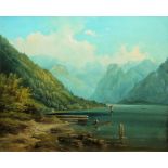 Carl Haunold, Alpiner See mit Booten, Ölgemälde um 1860/70, im originalen Goldstuckrahmen