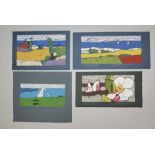 Klaus Fußmann, Landschaften und Blumen, 4 signierte Farblinolschnitte von 2012-19