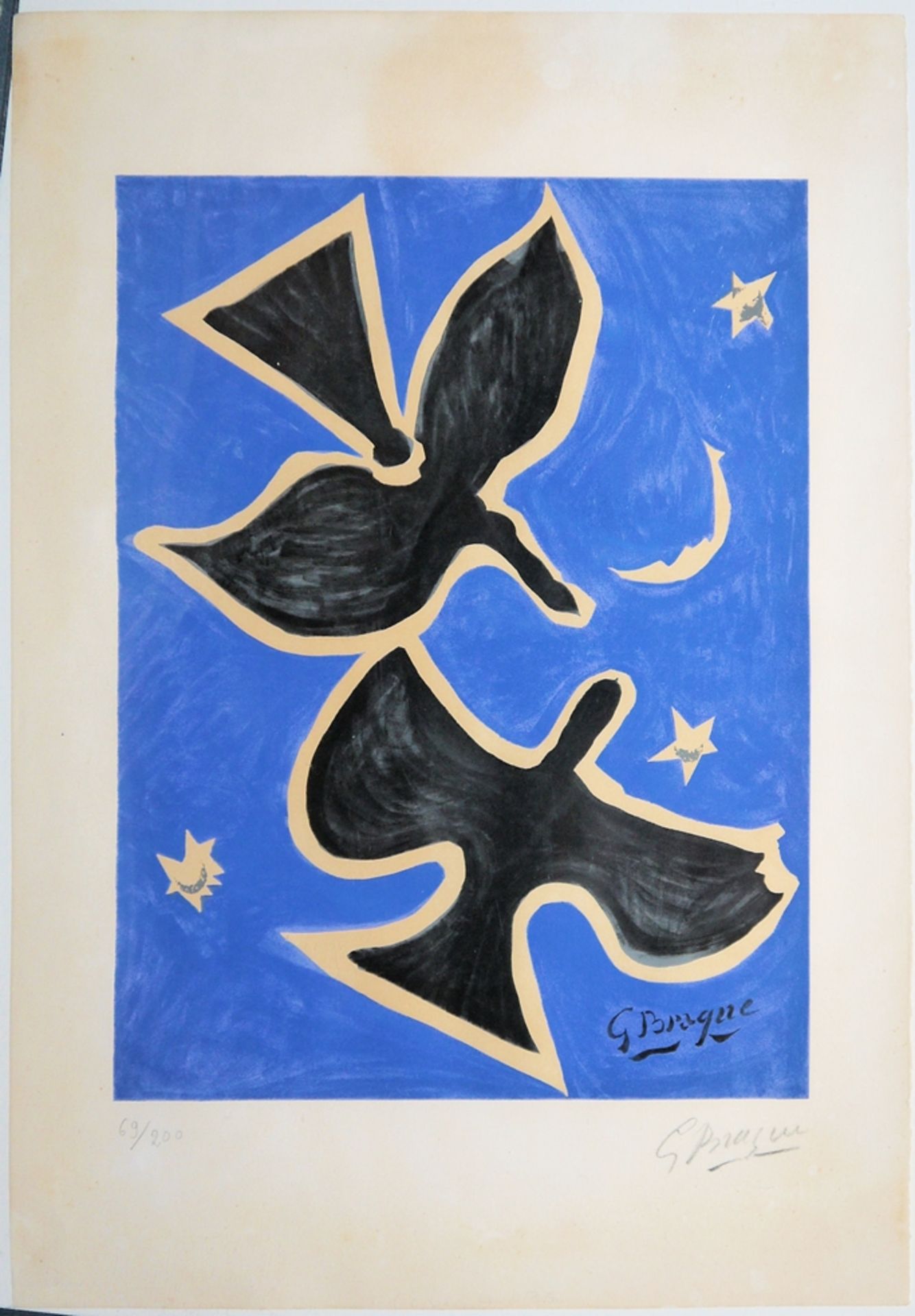Georges Braque, "Deux oiseaux sur fond bleu", handsignierte Farblithographie