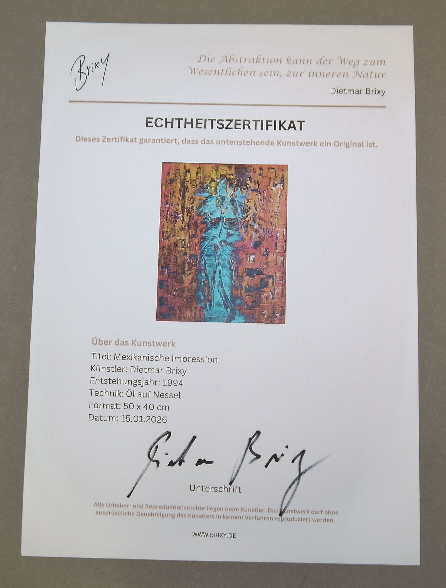Dietmar Brixy, "Mexikanische Impression", Ölgemälde von 1994, im Stahlrahmen, mit Zertifikat - Bild 4 aus 4