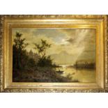 Fritz Chwala, Romantische Seenlandschaft bei Vollmond mit einem Schloss, größeres Ölgemälde um 1900