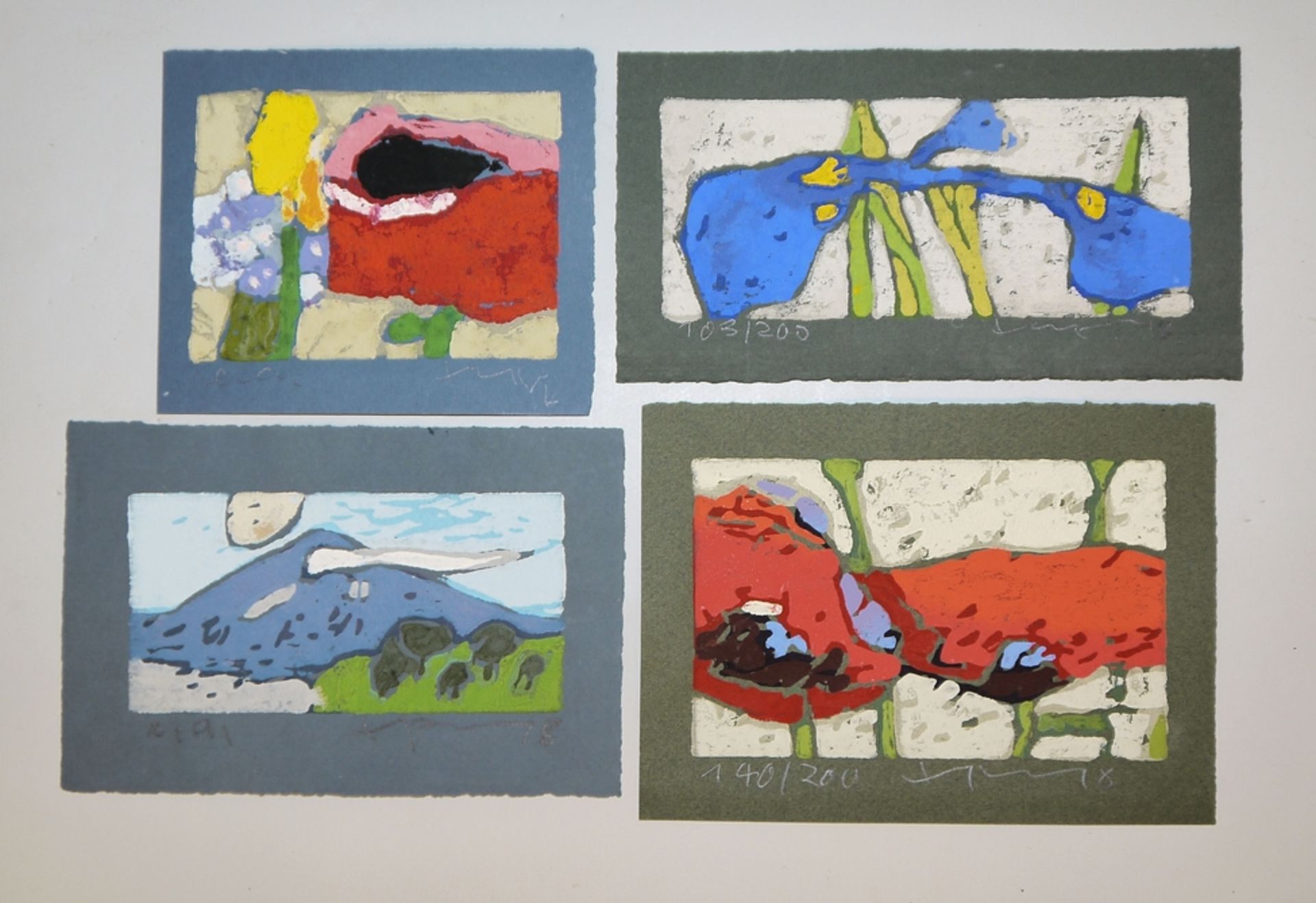 Klaus Fußmann, Blumen und Landschaft, 4 signierte Farblinolschnitte von 2016/18