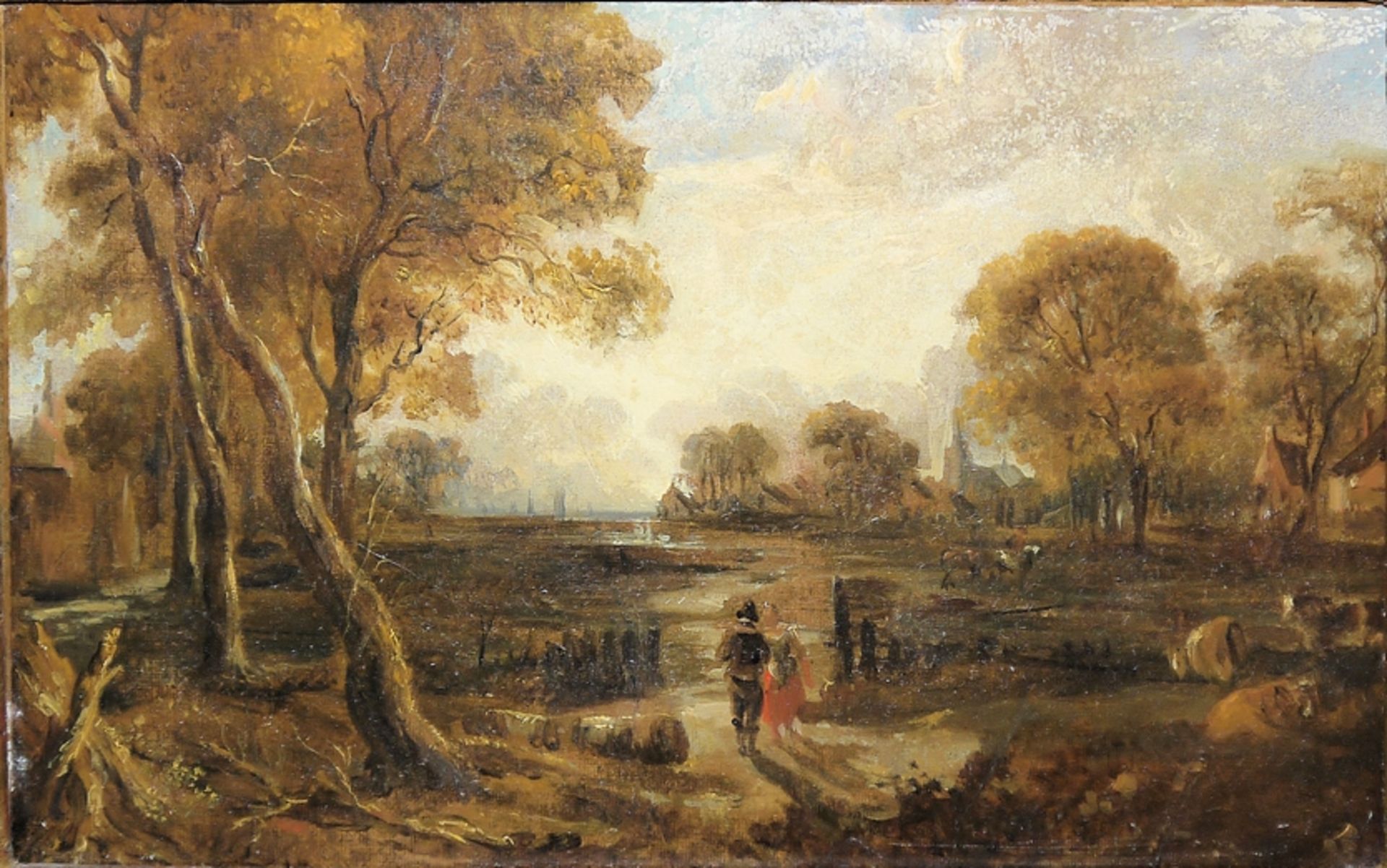 John Crome the Old (laut rücks. Bez.), Herbstliche Landschaft mit Personen (bei Norwich), Ölgemälde