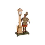Museale Striebel Laterndl-Uhr, als Tischuhr, um 1850, mit Ritterfigur, Blech, fein handlackiert, mit