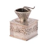 A Continental silver (marks rubbed) model of a coffee grinder, English Assay marks, Thomas Glaser,